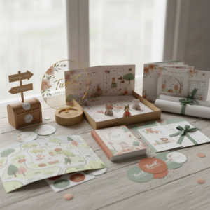 Jeux et activités pour enfants TwoK Cakes : livret d'activités personnalisé, jeu de plateau en carton à assembler et kit de chasse au trésor immersive pour fêtes de famille.
