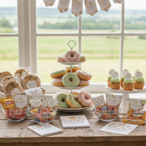 Assortiment de douceurs personnalisées TwoK Cakes : donuts glacés, muffins, cookies et snacks de marques (Lays, M&M's) avec emballages sur mesure pour événements dans le Doubs.